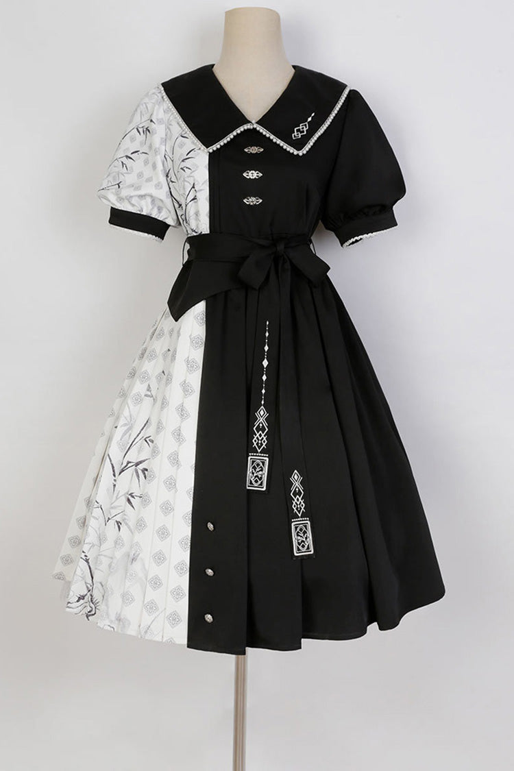 Black/White Stitching Chinese Style Bamboo Print High Waisted Sweet Lolita Dress