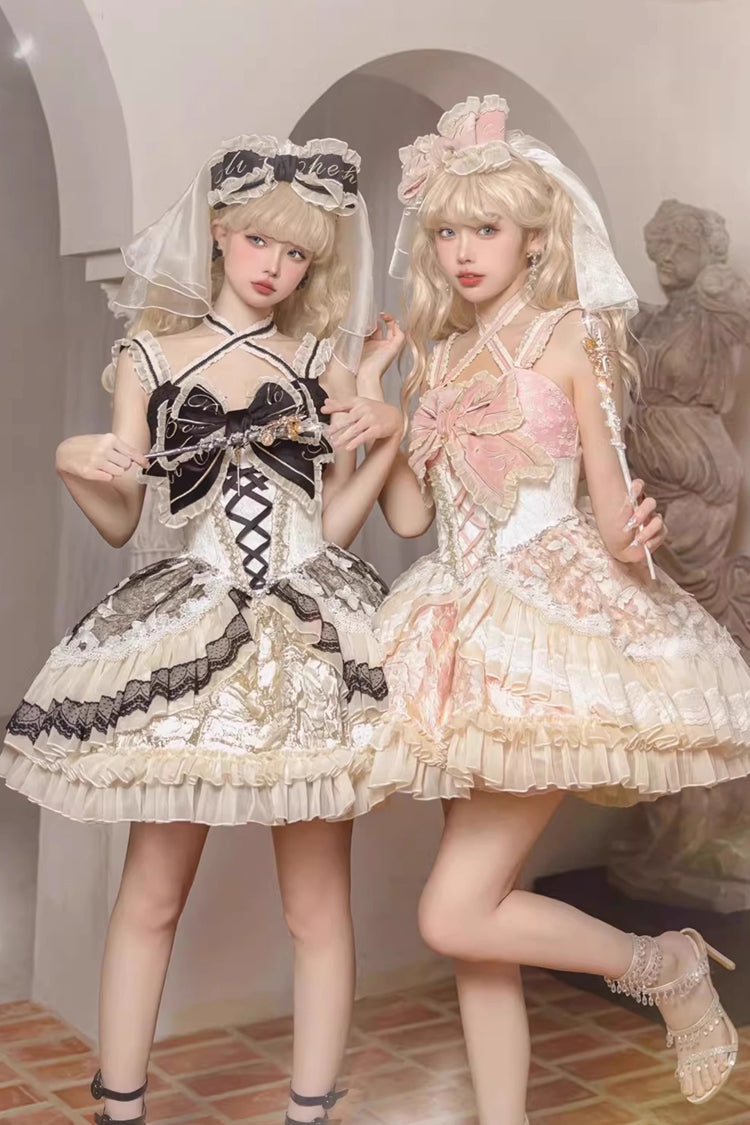 Black/Gold Lilibet Print Ruffle Cardigan Bowknot Lace Fishbone Sweet Lolita Dress