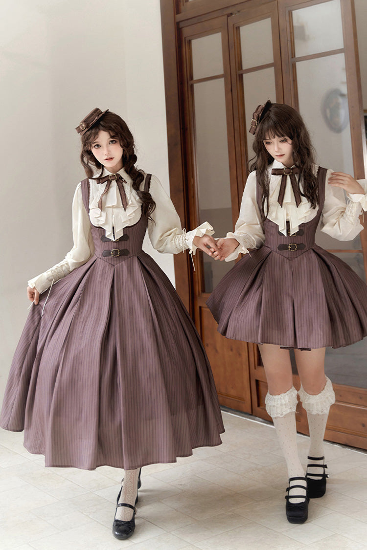Brown Manchester City's Past Striped Print Breast Support Long Version Sweet Lolita Dress