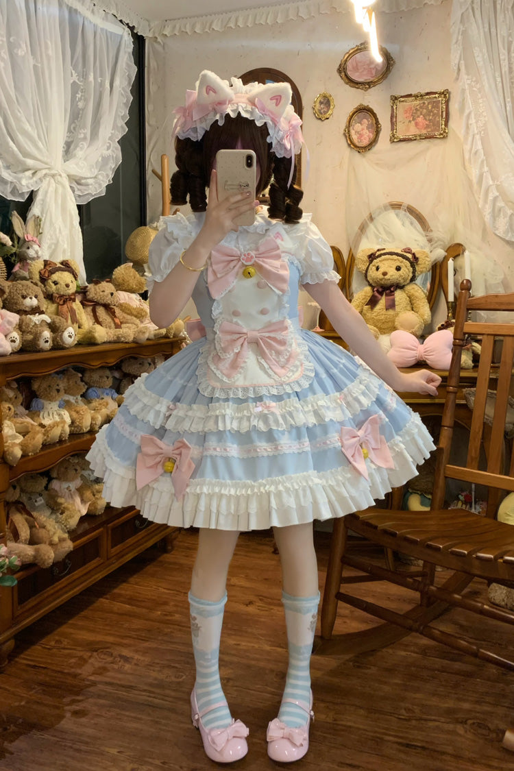 Blue Meowling Sweet Maid Sleeveless Multi-Layered Ruffle Bowknot Lace Sweet Princess Lolita Jsk Dress