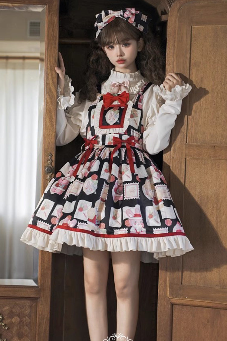 Black Letter from Showa Rabbit and letter Print Ruffle Bowknot Sweet Princess Lolita Strap Dress