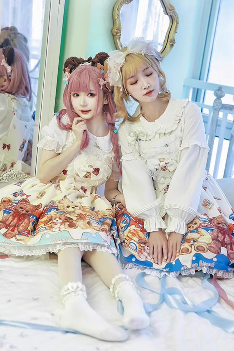 Honey Bear Cafe Print Bowknot Lace Sweet Lolita Jsk Dress 2 Colors