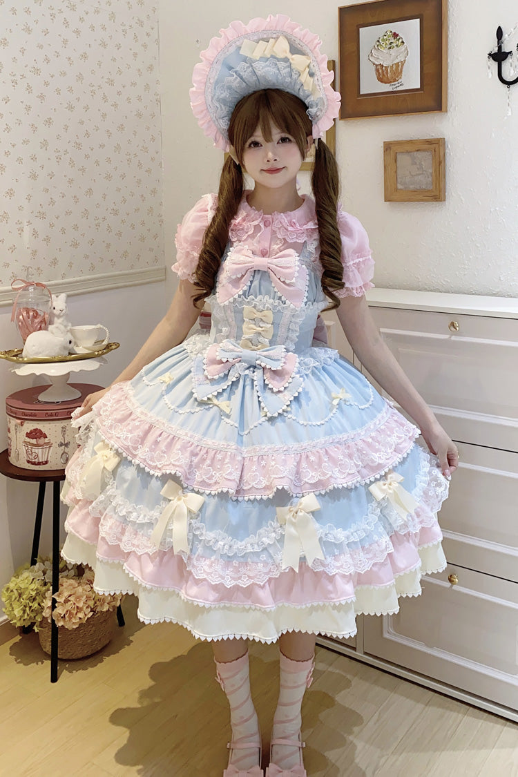Blue/Pink Fondant Cake Sleeveless Multi-Layered Ruffle Bowknot Lace Sweet Lolita Jsk Dress