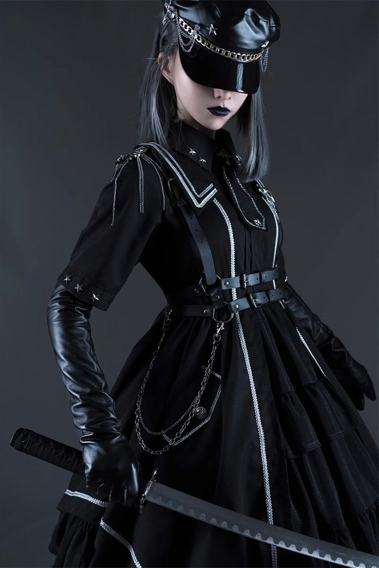 Black Sunset Universe Short Sleeves Cardigan Lace Gothic Military Handsome Lolita Dress Full Set