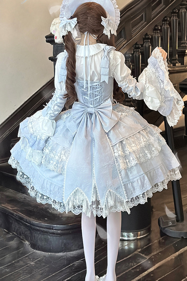 Sakura Love Multi-Layered Jacquard Ruffle Embroidery Cardigan Bowknot Lace Sweet Gorgeous Lolita Jsk Dress 2 Colors