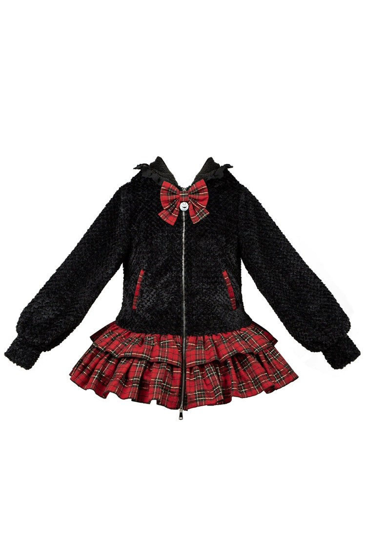 Black/Red Night Cat Plaid Print Ruffle Bowknot Hooded Sweet Lolita Skirt Coat