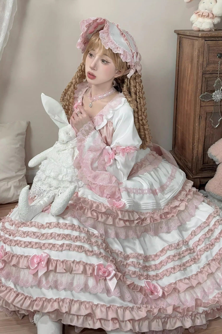 White/Pink Layered Peach Ice Short Sleeves Ruffle Bowknot Lace Sweet Lolita Dress