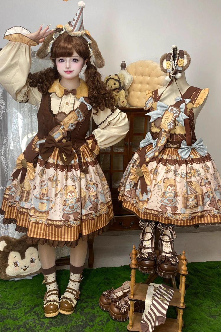 Bear Cookies Print Ruffle Bowknot Sweet Lolita JSK Dress 2 Colors