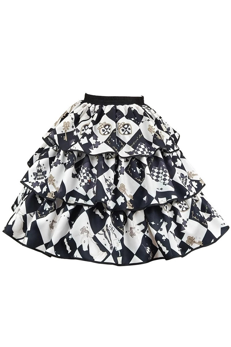 Black/White Board Games Triple-Layered Print Ruffle Vintage Lolita Skirt