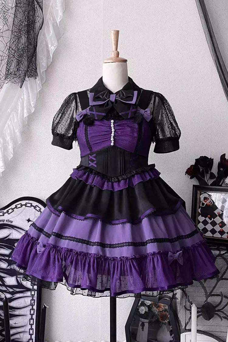 Black/Purple Cotton Cloud Lapel Collar Ruffle Bowknot Lace-Up Gothic Lolita Jsk Dress