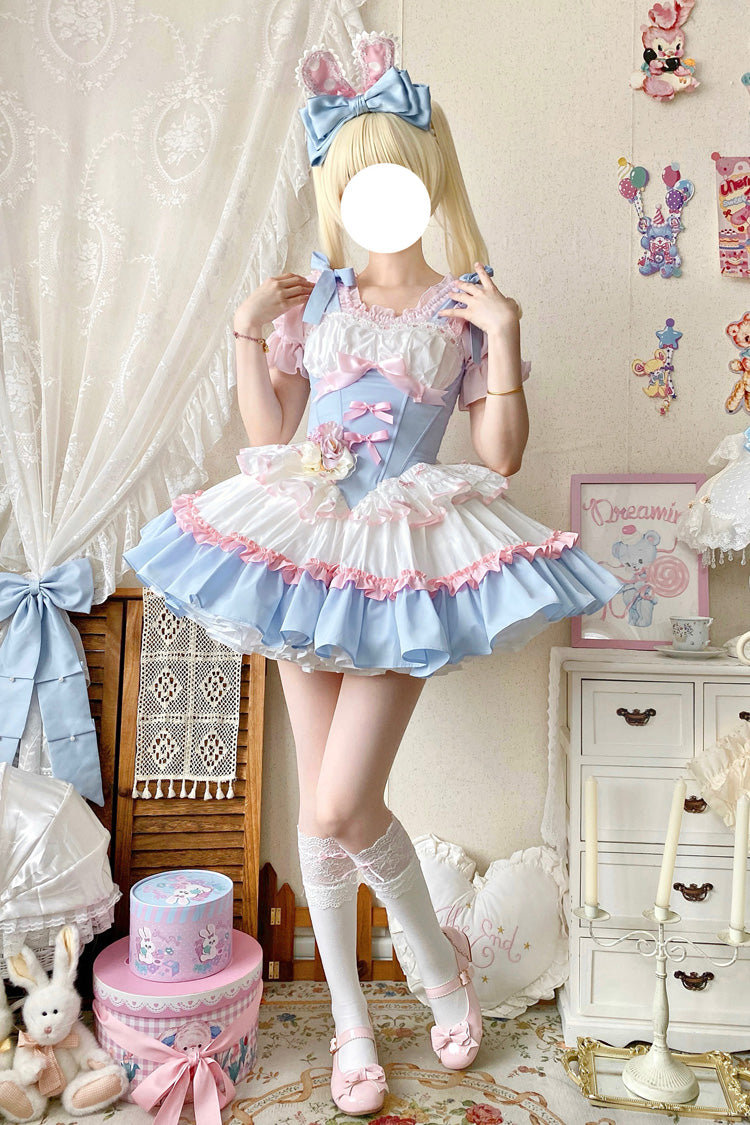 Light-Blue/Pink/White Fairy Tale Overture Triple-Layered Ruffle Bowknot Fishbone Sweet Ballet Lolita Dress