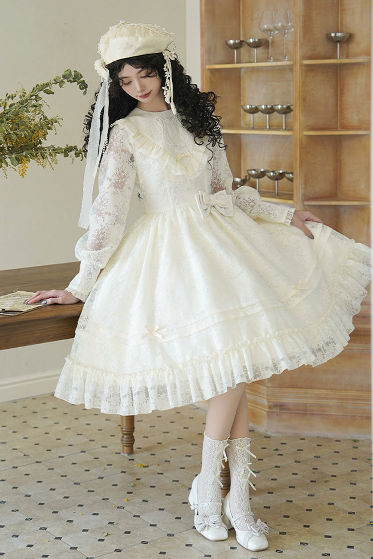 Ivory Flower Sound Long Sleeves Ruffle Cardigan Bowknot Lace Sweet Lolita Dress