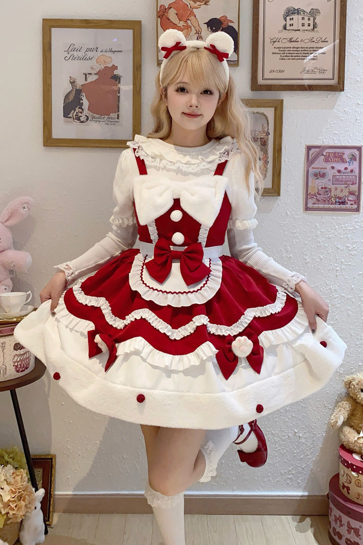 Cream Snow Cat Winter Ruffle Bowknot Sweet Lolita Jsk Dress 3 Colors