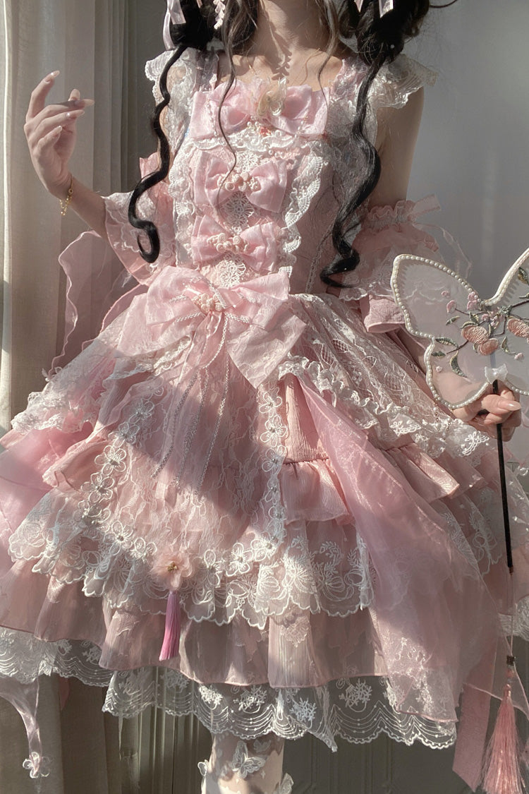 Pink Spring Waters Reflecting Pear Blossoms Ruffled Embroidered Open-Front Bow Lace Sweet Lolita Jsk Dress