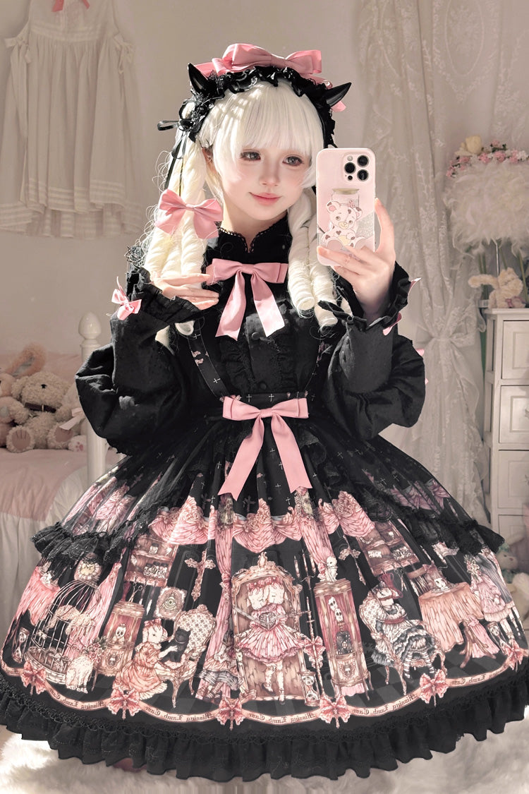 Black The Case of the Missing Lamb Print Ruffle Bowknot Lace Gothic Lolita SK Skirt