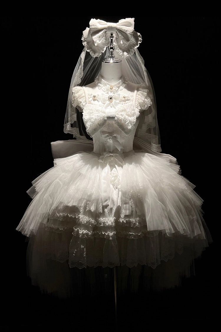 White Jewelry Love Story Halterneck Ruffle Hanayome Bowknot Lace Gothic Lolita Dress