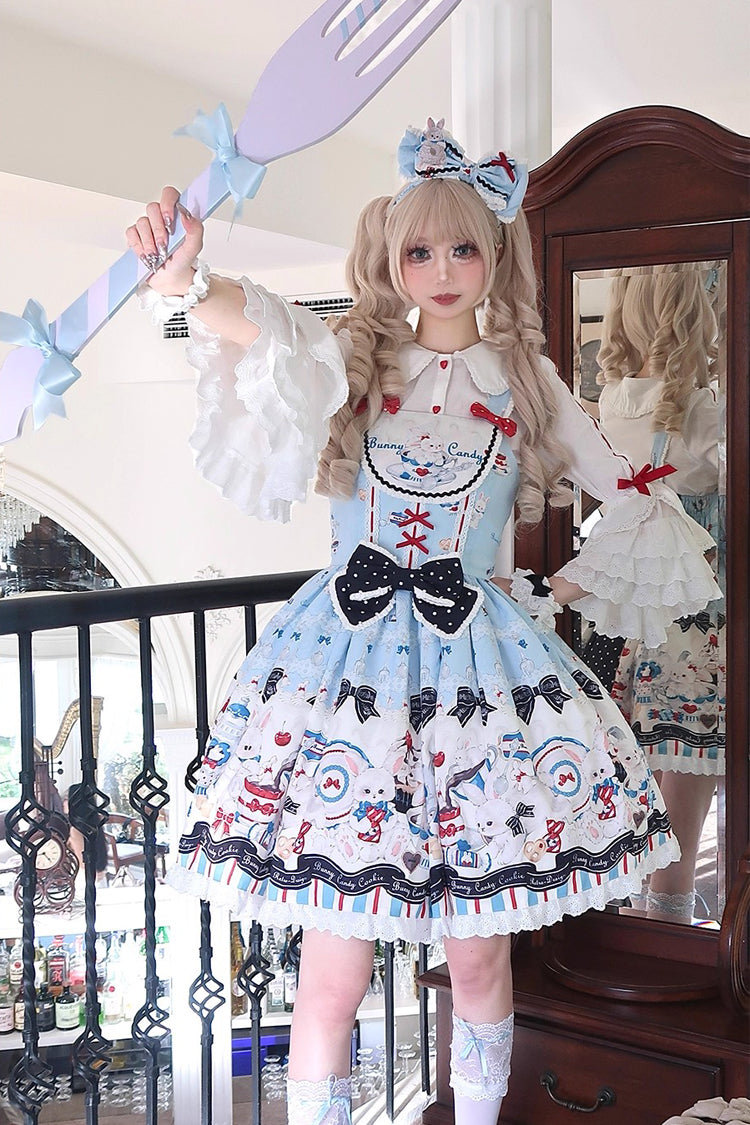 Blue Mystery Rabbit Tea Party Sleeveless Print Ruffle Bowknot Lace Sweet Lolita Jsk Dress