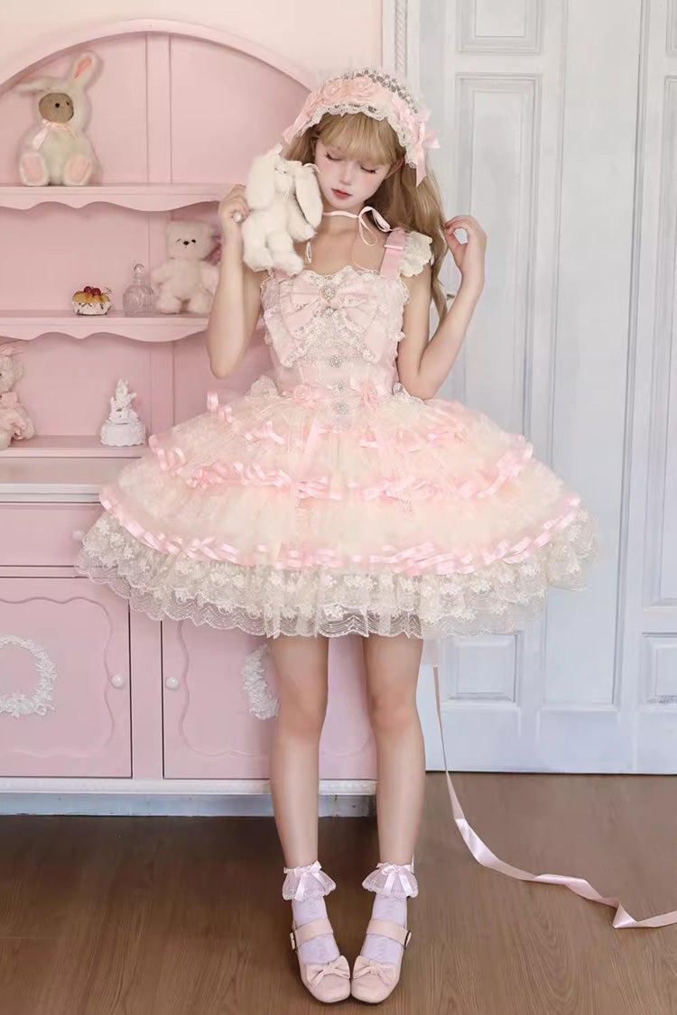 Pink Rose Feather Waltz Sleeveless Triple-Layered Ruffle Bowknot Lace Sweet Ballet Lolita Jsk Dress