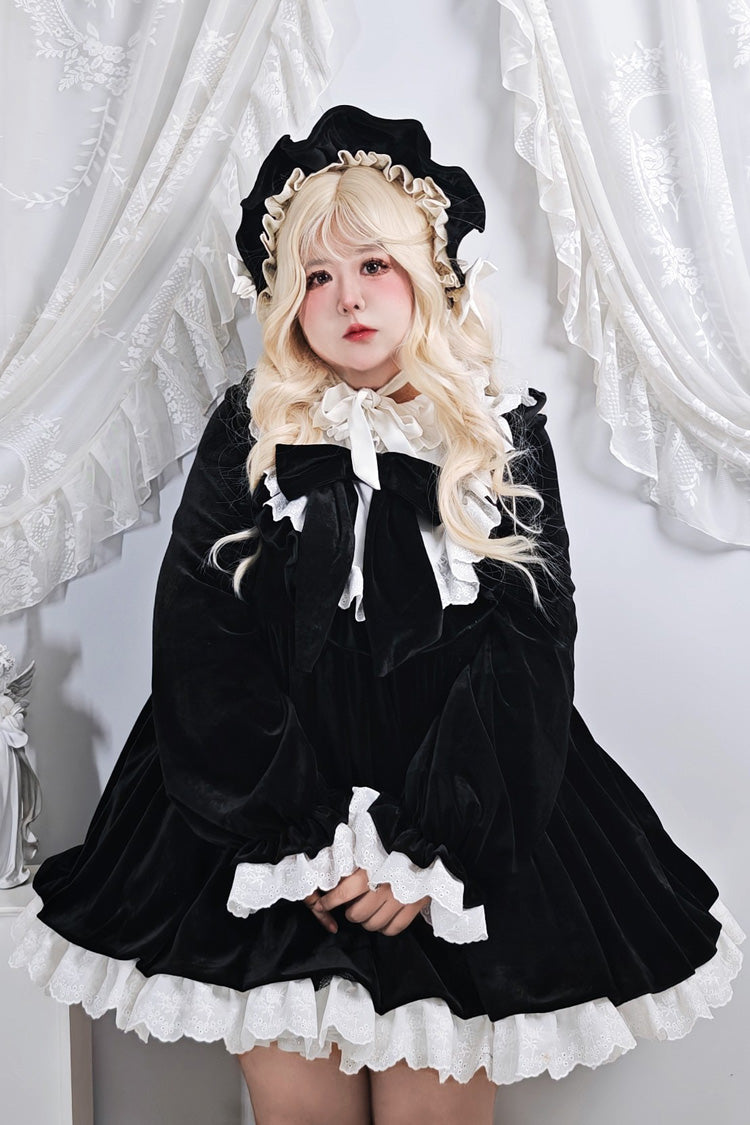Black Antique Velvet Doll Stand Collar Long Sleeves Ruffled Bow Gothic Plus Size Lolita Dress