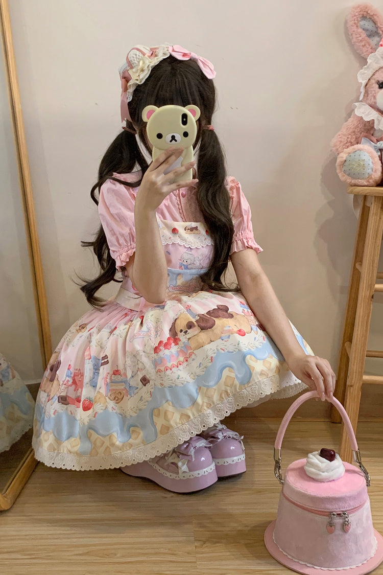 Cream Party Print Bowknot Stitching Lace Sweet Lolita Jsk Dress 3 Colors