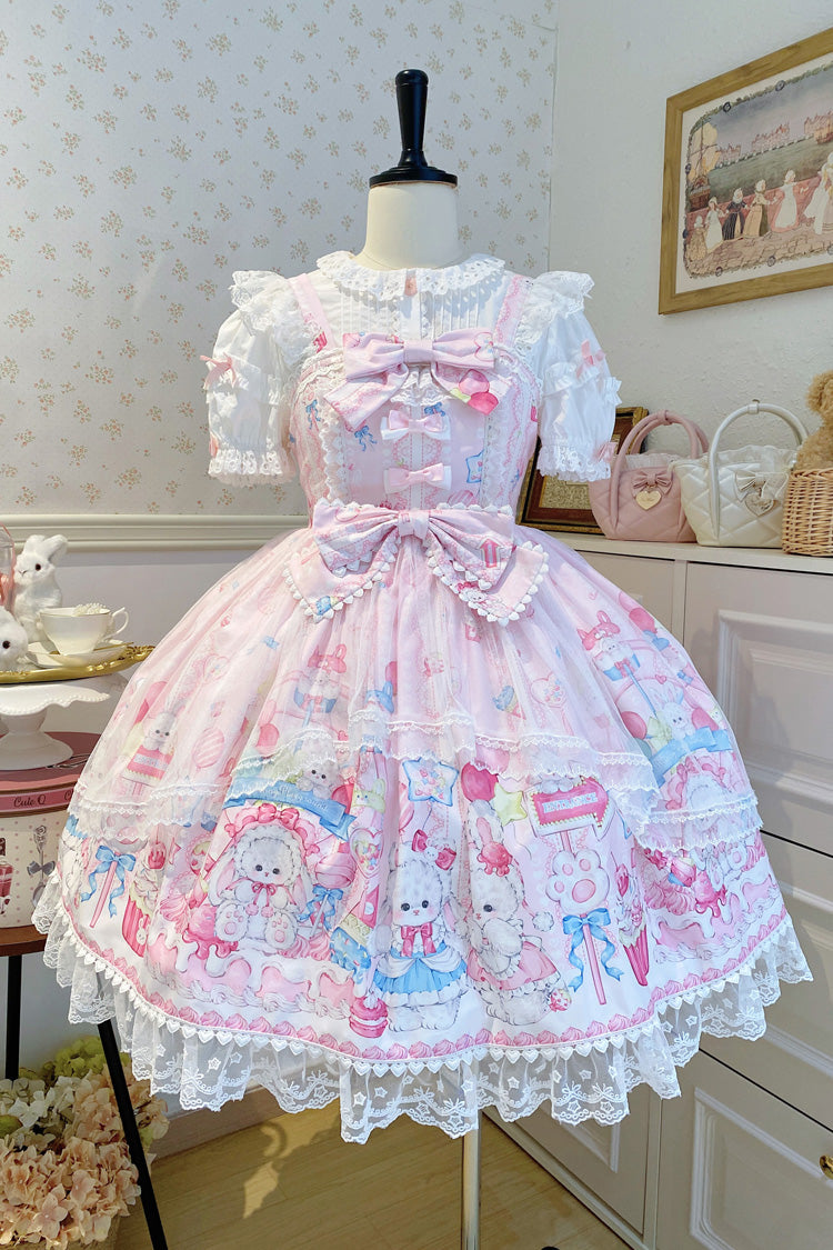 Pink Cute Rabbit Sweet Cake Print Ruffle Bowknot Lace Sweet Lolita Jsk Dress