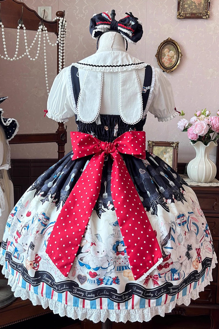 Black Mystery Rabbit Tea Party Sleeveless Print Ruffle Bowknot Lace Sweet Lolita Jsk Dress