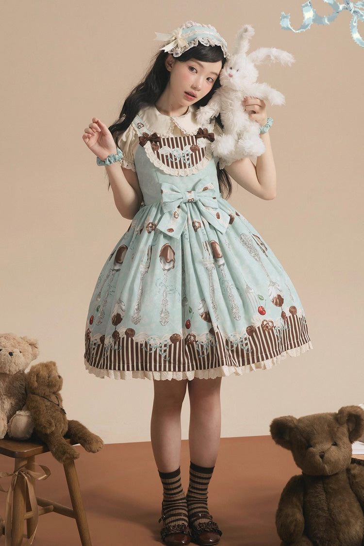 Green Chocolate Cherry Print Bowknot Sweet Lolita Jsk Dress