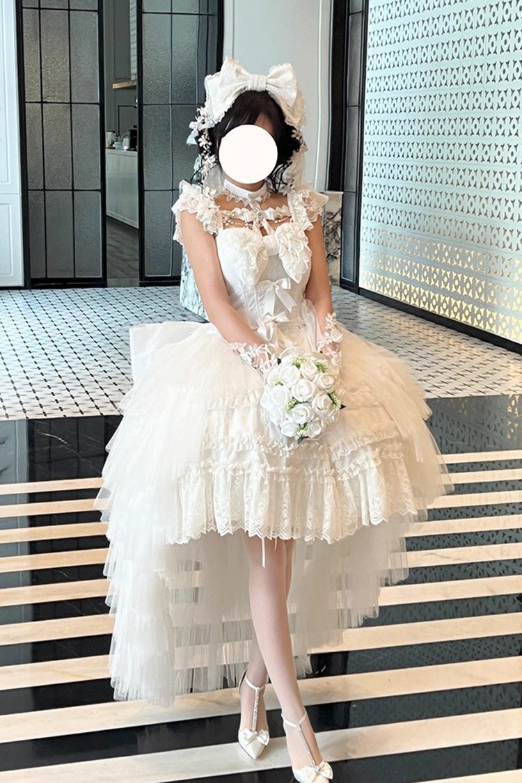 White Jewelry Love Story Halterneck Ruffle Hanayome Bowknot Lace Gothic Lolita Dress