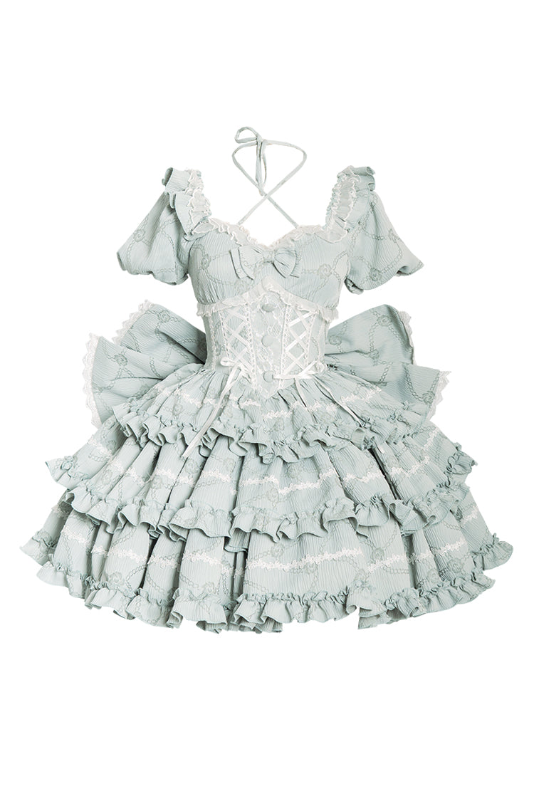 Mint Square Collar Short Sleeves Triple-Layered Ruffle Bowknot Sweet Lolita Dress