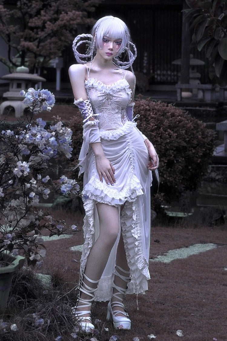 White Redemption of the Deity Drawstring Ruffle Embroidery Lace Pleated Gothic Lolita Jsk Dress