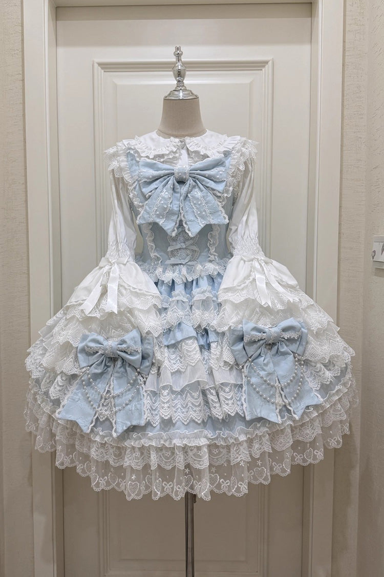 Blue Knot of the Crossed Heart Sleeveless Multi-Layered Ruffle Hanayome Cardigan Bowknot Lace Lace-Up Sweet Lolita Jsk Dress