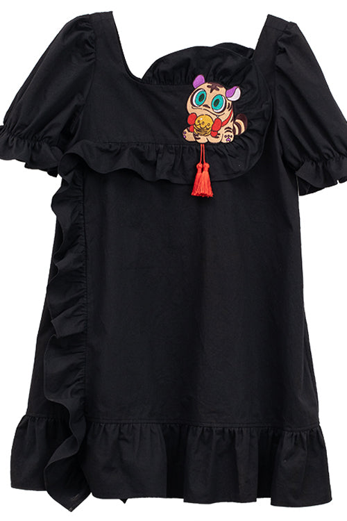 Black Ruffled Square Collar Cute Tiger Embroidered Bubble Short Sleeves High Waisted Sweet Lolita Dress