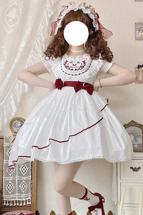 White Square Collar Ruffled Strap Waist Bow Sweet Lolita JSK Dress