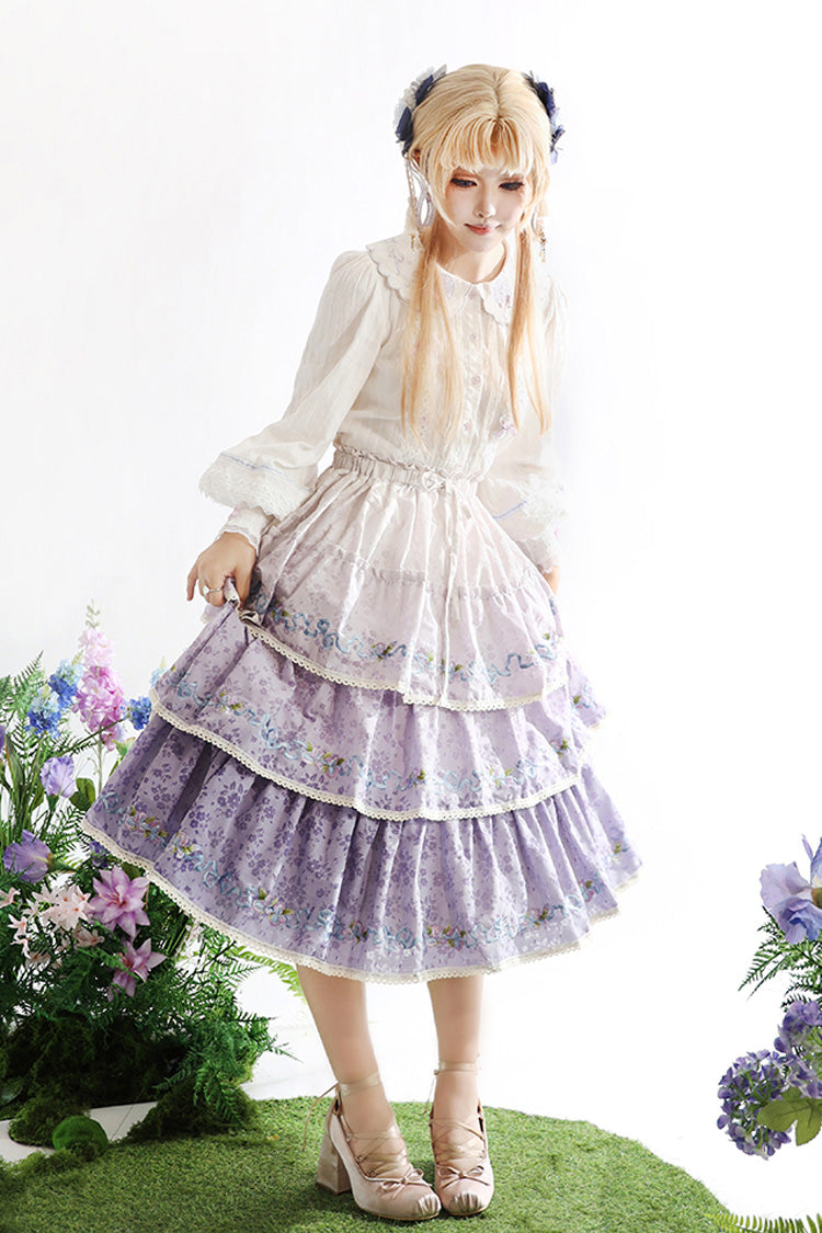 Purple Moonlight Iris Triple-Layered Print Ruffle Embroidery Lace Sweet Lolita Skirt