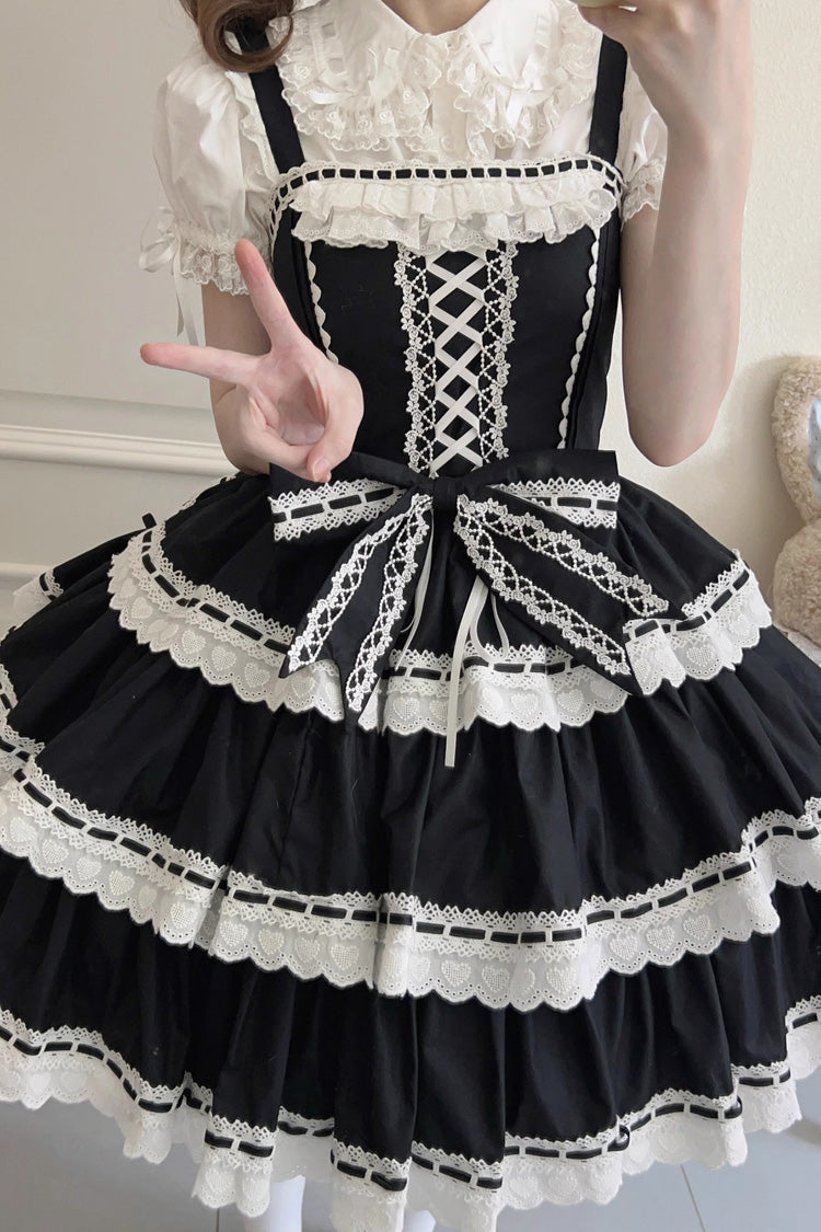 Black Maiden Heart Triple-Layered Ruffle Bowknot Lace Sweet Lolita Jsk Dress