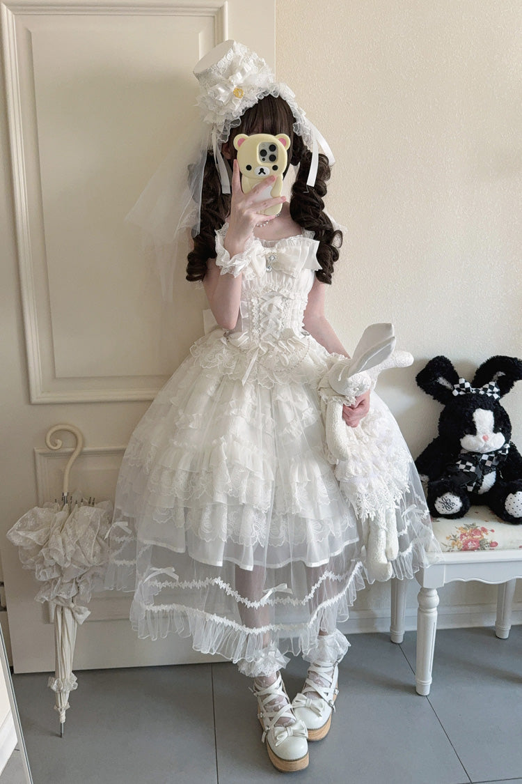 White Eternal Vow Sleeveless Multi-Layered Ruffle Hanayome Bowknot Lace Lace-Up Sweet Lolita Jsk Dress