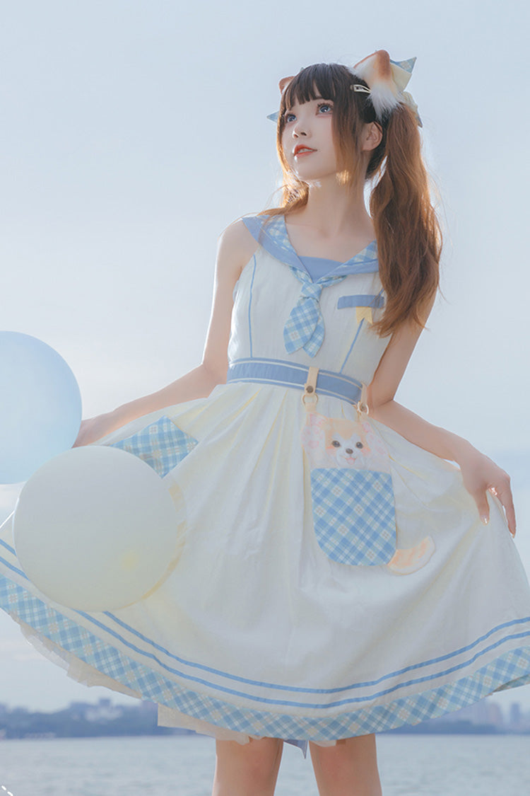 White/Blue Navy Style Cute Animals Print Sweet Princess Lolita Jsk Dress
