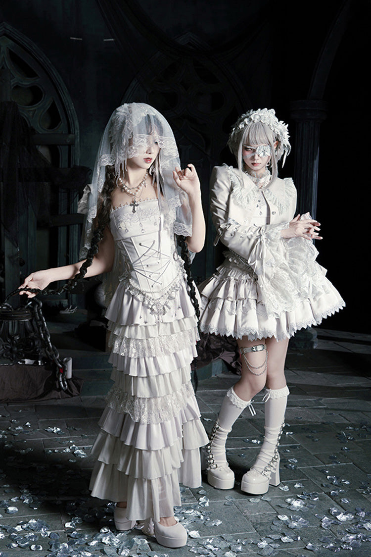 Solid Color Bionic Doll Square Collar Multi-Layered Ruffle Bowknot Lace-Up Gothic Lolita Fishtail Skirt Corset Set