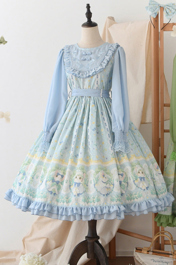 Blue Lily of the Valley Cat Print Ruffle Embroidery Bowknot Sweet Lolita Dress