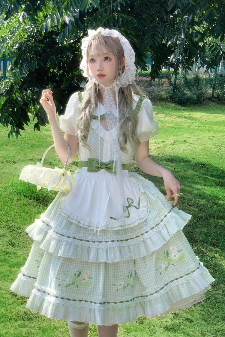 Green Doll Collar Short Sleeves Plaid Print Ruffle Hollow Embroidery Bowknot Sweet Elegant Lolita Dress