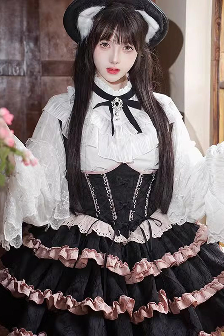 Black/Pink Sleeveless Multi-Layered Ruffle Bowknot Lace-Up Sweet Lolita Strap Dress