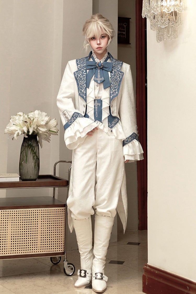 White Moonlit Paladin Prince Ruffle Embroidery Bowknot Classic Prince Handsome Ouji Lolita Set