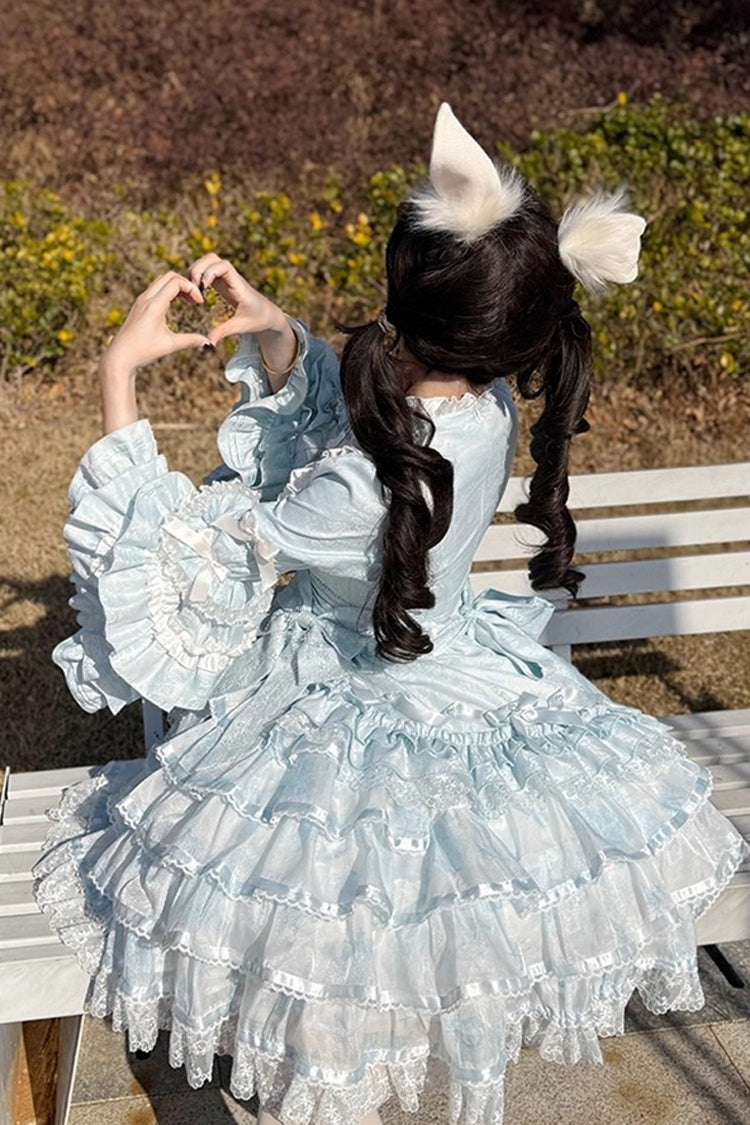 Blue The Soloist Doll Long Hime Sleeves Multi-Layered Print Ruffle Bowknot Asymmetric Sweet Lolita Dress