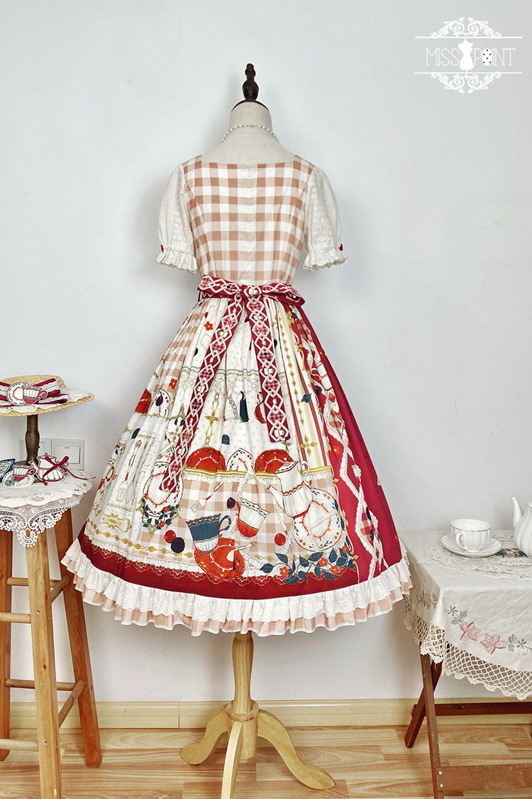 Red Tea Party Short Sleeves Print Ruffle Bowknot Lace Sweet Elegant Lolita Dress