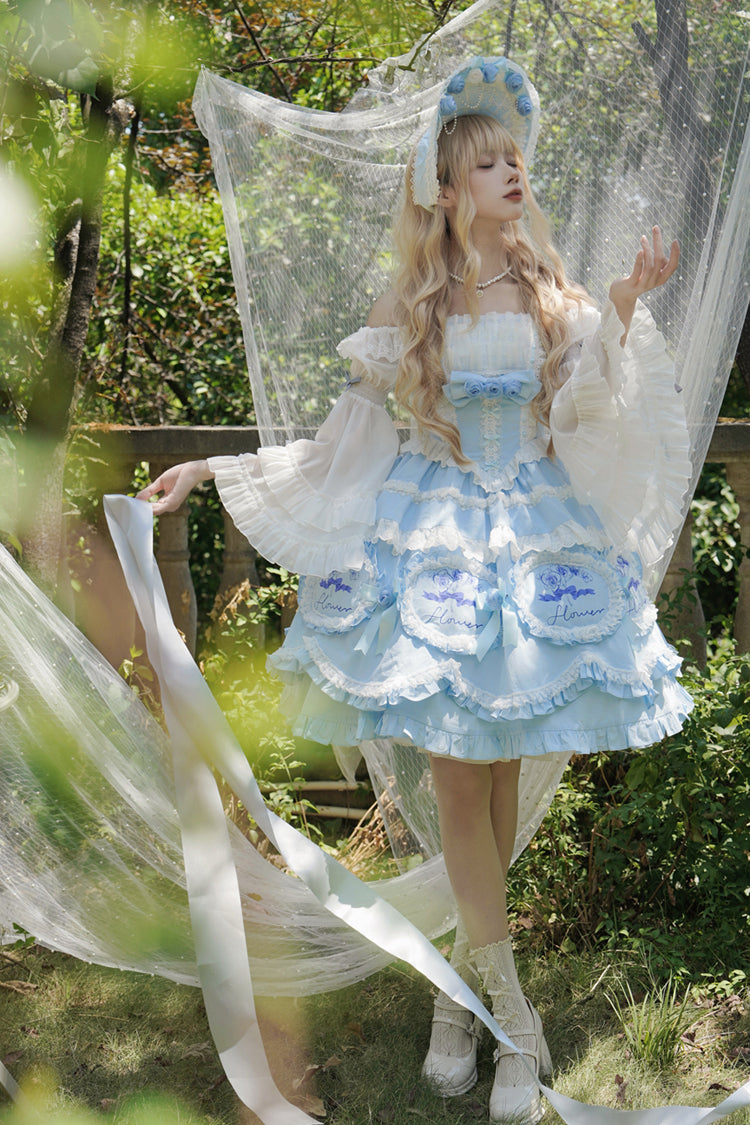 Blue Butterfly Dream Multi-Layered Print Ruffle Bowknot Sweet Princess Lolita Jsk Dress