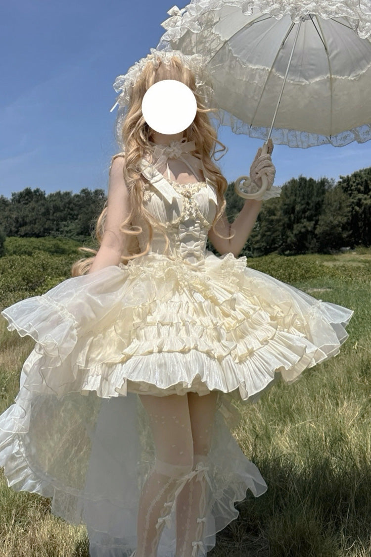 Apricot Cream Cake Sleeveless Multi-Layered Ruffle Bowknot Sweet Princess Lolita Jsk Dress Set