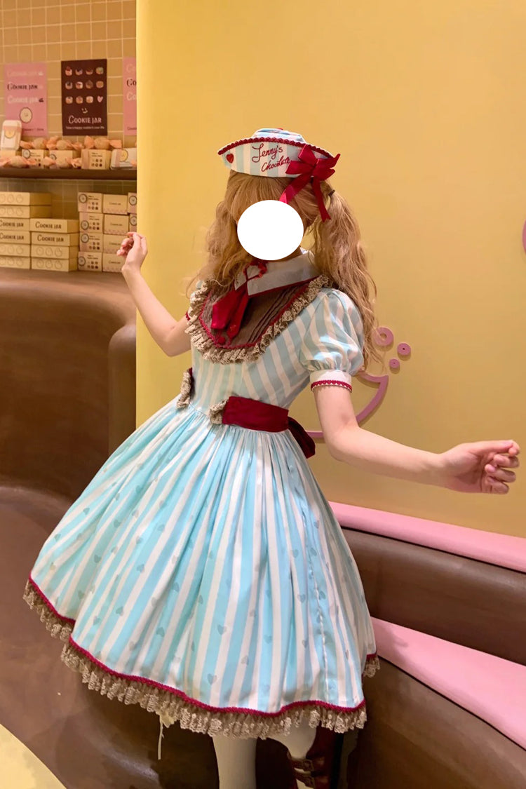 Green Jenny's Chocolate Short Sleeves Vertical Stripes Print Ruffle Bowknot Sweet Lolita Dress