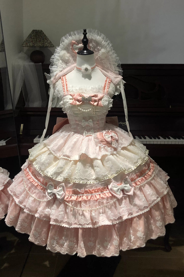 Pink Falling Sakura Multi-Layered Ruffled Hanayome Bow Lace Sweet Plus Size Princess Lolita Jsk Dress