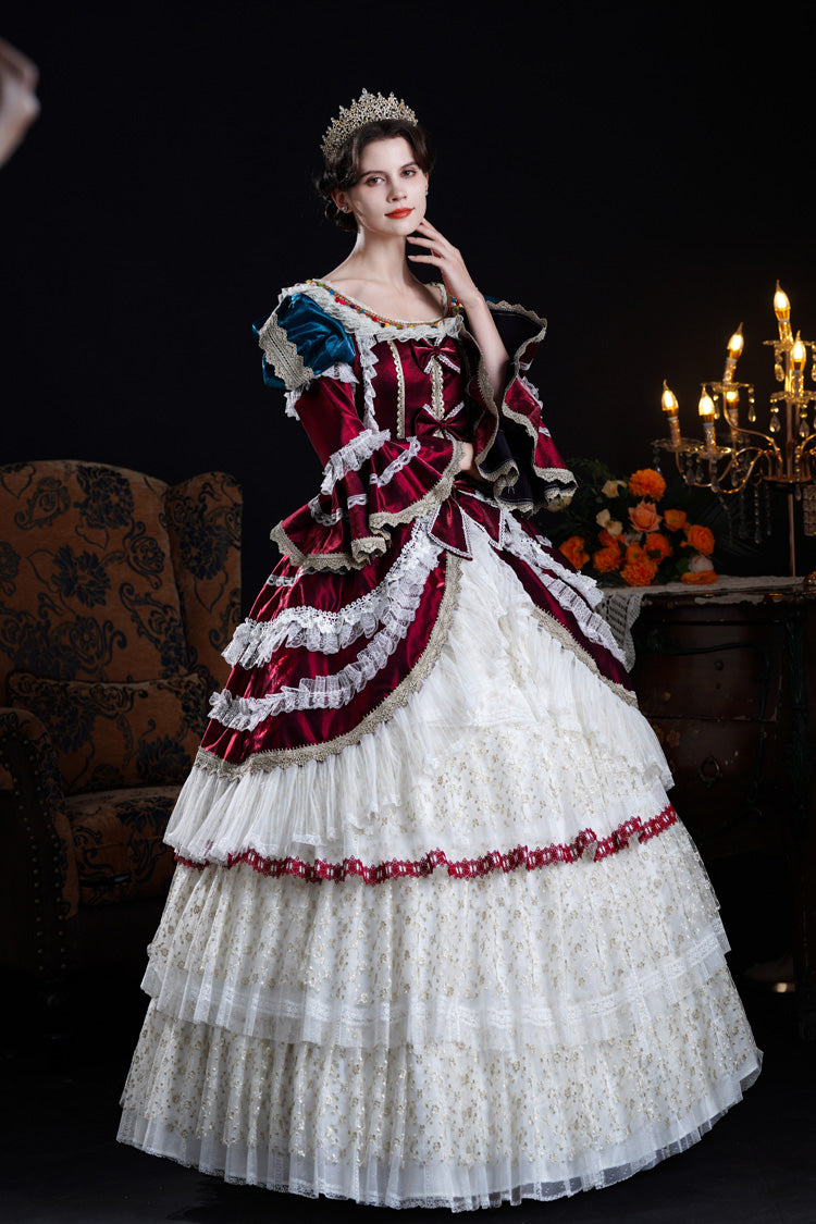 Wine/Ivory Round Collar Long Hime Sleeves Triple-Layered Ruffled Open-Front Bow Lace Classic Vintage Palace Lolita Victorian Dress