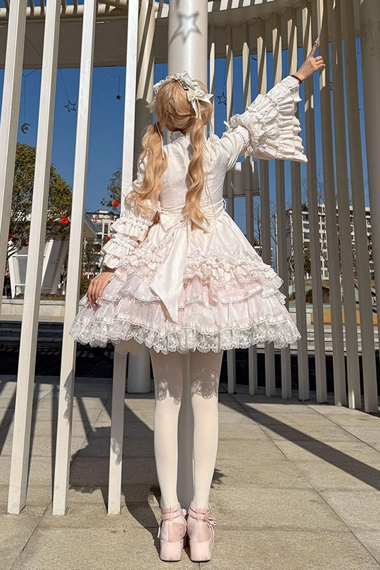 Pink The Soloist Doll Long Hime Sleeves Multi-Layered Print Ruffle Bowknot Asymmetric Sweet Lolita Dress